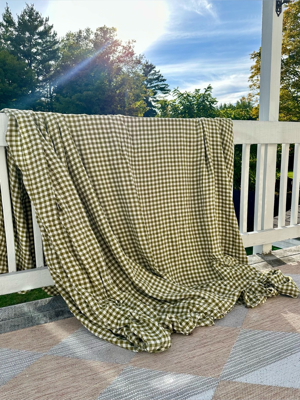 Piglet in Bed 100% Linen Duvet Cover Botanical Green Gingham Queen Size